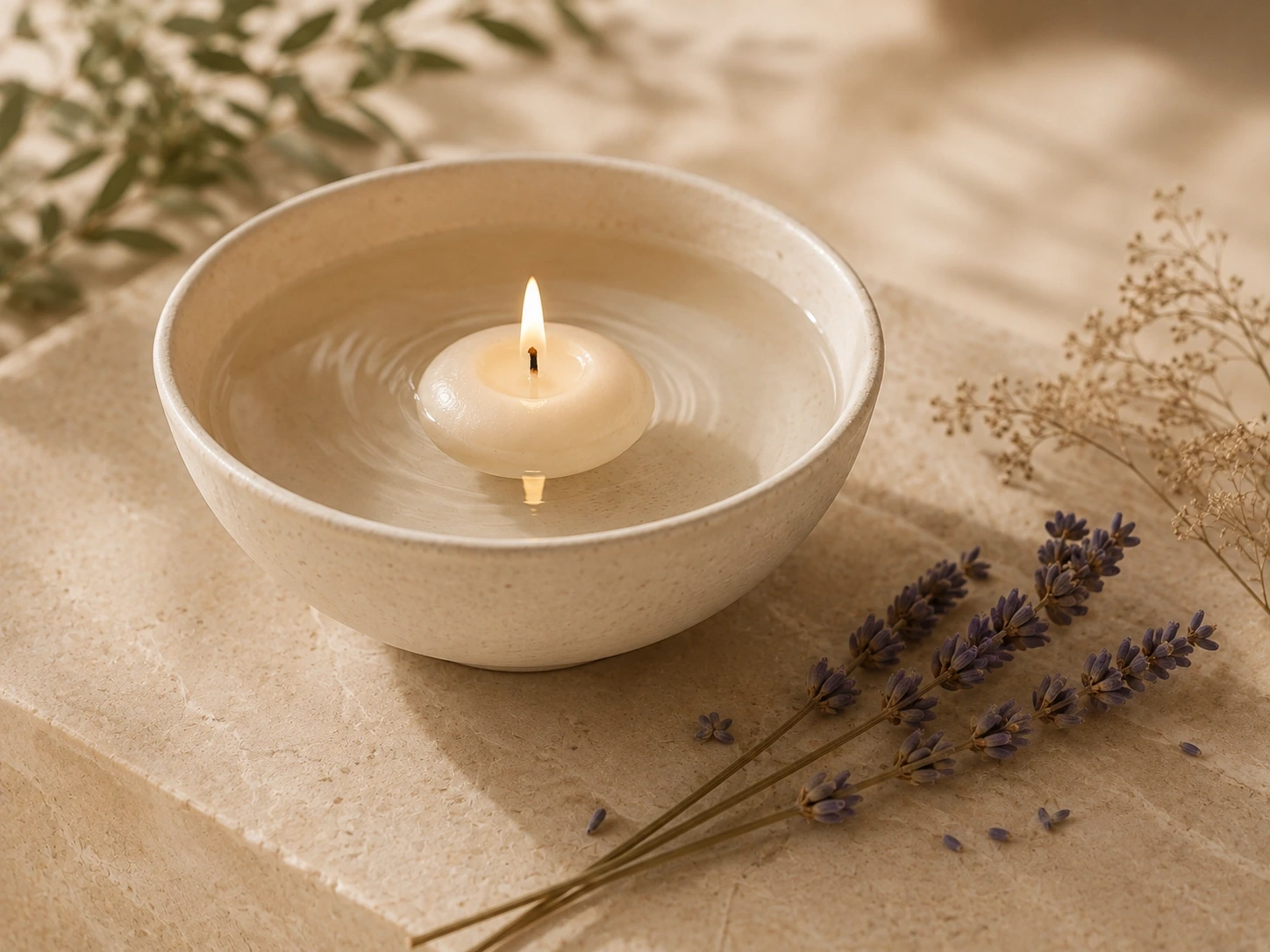 A floating candle in a calm ceramic water bowl with botanicals